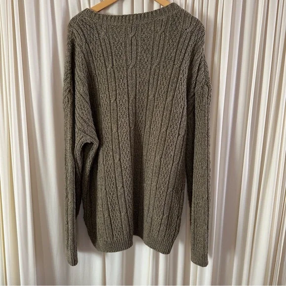 Men's Cable Knit Sweater Olive Brown Tan Grandpacore Fisherman Vintage Oversized - Picture 4 of 4
